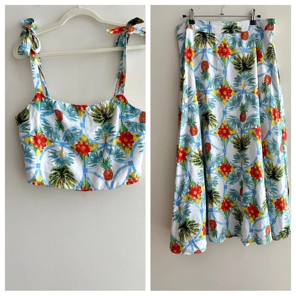 Rachel Zoe Tropical Print Matching Tank Top & A-Line Skirt Set,Blue/Green, Large - Picture 1 of 16